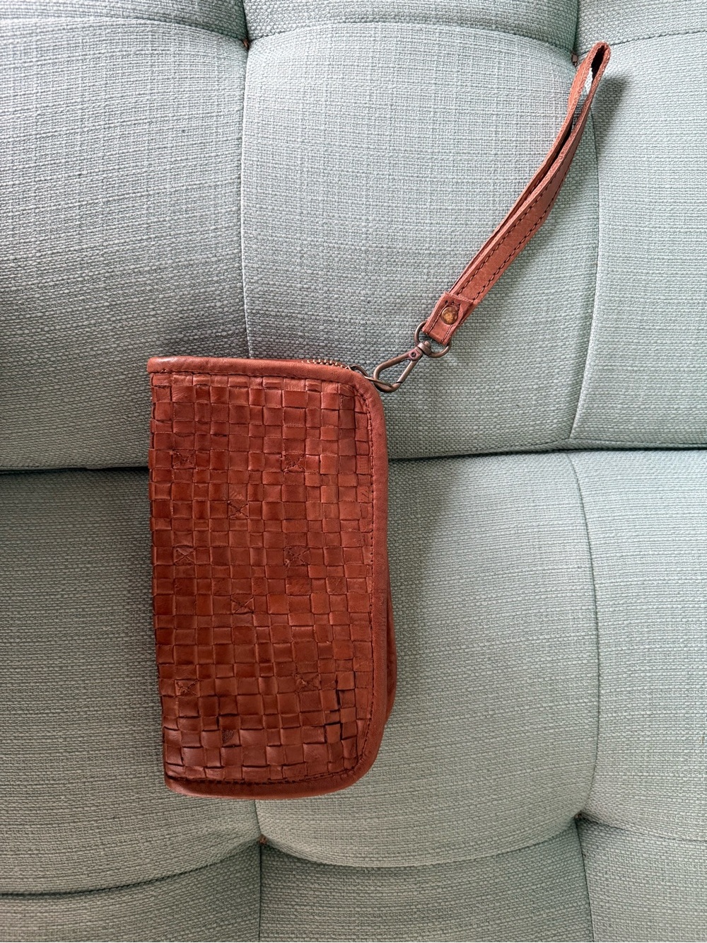 Woven Leather Wristlet Clutch in Rust